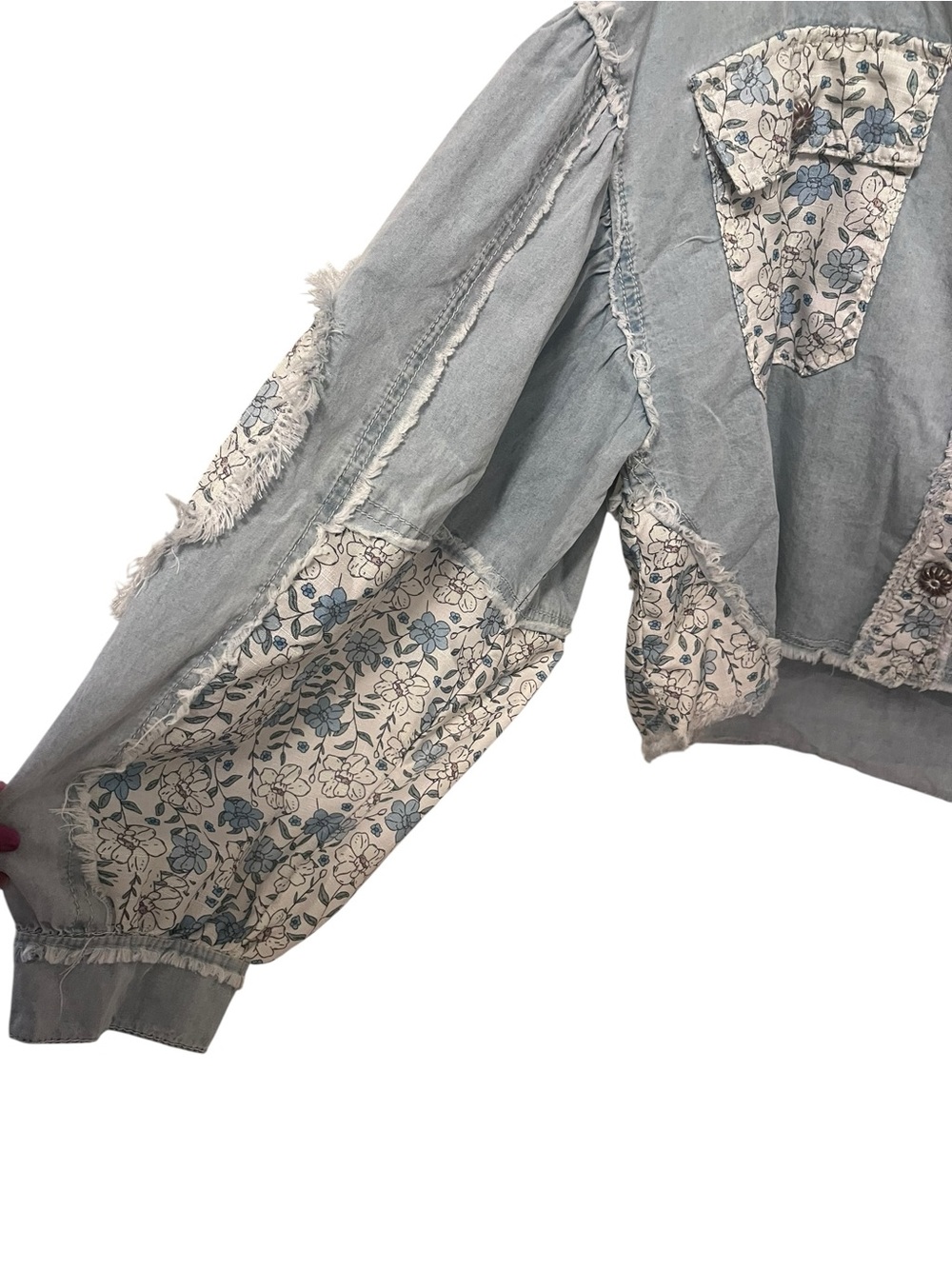 POL Boho Patchwork Oversized Lightweight Hooded Jacket in Denim and Floral. - Picture 4 of 8